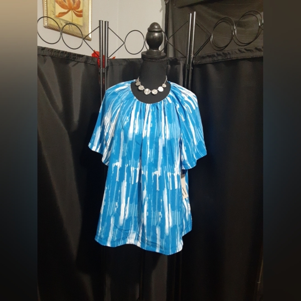Worthington Women's NWT Blouse Blue White Boho Cottage Core Coquette Size XXL
